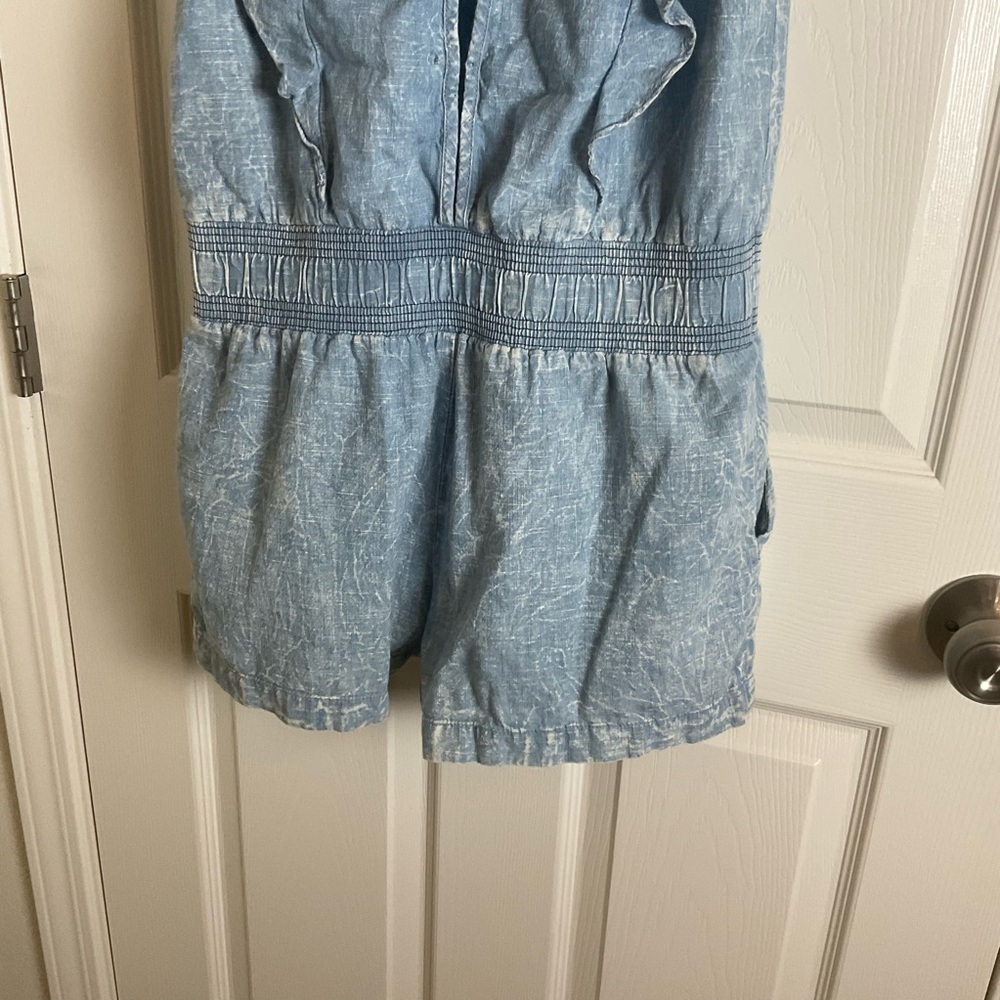 7 For All Mankind Denim Ruffle Romper Size Small Blue Acid Wash Jumpsuit - Picture 12 of 15